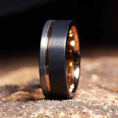 "Valor Eclipse" – 8mm Black & Silver Tungsten Wedding Band with Rose Gold Strip and Inner Band