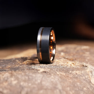 "Valor Eclipse" – 8mm Black & Silver Tungsten Wedding Band with Rose Gold Strip and Inner Band