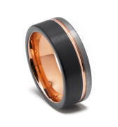 "Valor Eclipse" – 8mm Black & Silver Tungsten Wedding Band with Rose Gold Strip and Inner Band