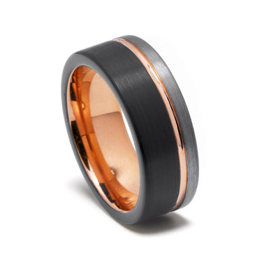 "Valor Eclipse" – 8mm Black & Silver Tungsten Wedding Band with Rose Gold Strip and Inner Band