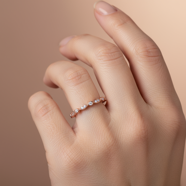 "Rosélumina" – 14K Rose Gold Vermeil Half Eternity Ring with Diamond Accents | Sterling Silver Band