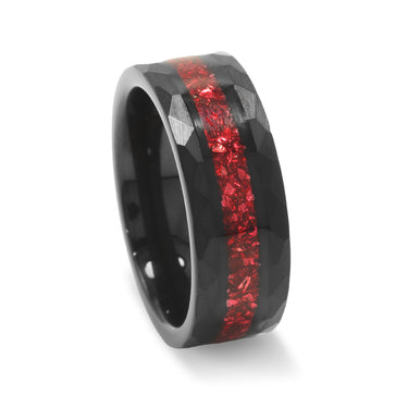 "Crimson Shadow"  Ruby Birthstone  Inlay Black Hammered Tungsten 8mm