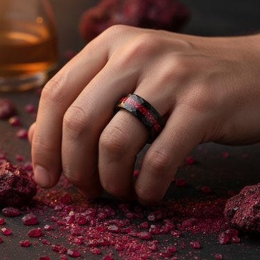 "Crimson Shadow"  Ruby Birthstone  Inlay Black Hammered Tungsten 8mm