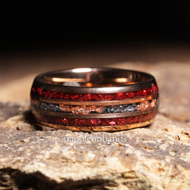 "Crimson Nova" – Ruby, Meteorite & Rose Gold Leaf Tungsten Wedding Band – 8mm