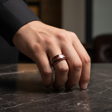 "Crimson Nova" – Ruby, Meteorite & Rose Gold Leaf Tungsten Wedding Band – 8mm