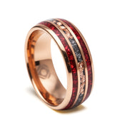 "Crimson Nova" – Ruby, Meteorite & Rose Gold Leaf Tungsten Wedding Band – 8mm