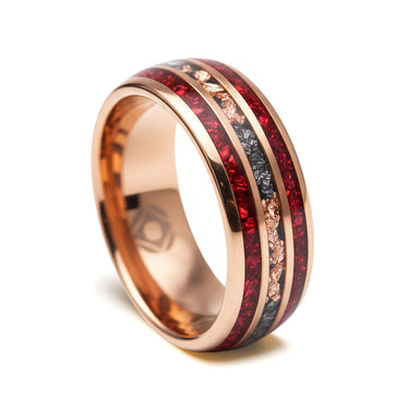 "Crimson Nova" – Ruby, Meteorite & Rose Gold Leaf Tungsten Wedding Band – 8mm
