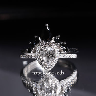 "Solar Veil"– Quartz Engagement Ring with Diamond Halo & Black Onyx Wedding Band Set in Sterling Silver