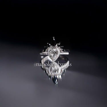 "Solar Veil"– Quartz Engagement Ring with Diamond Halo & Black Onyx Wedding Band Set in Sterling Silver