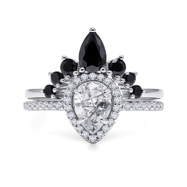 "Solar Veil"– Quartz Engagement Ring with Diamond Halo & Black Onyx Wedding Band Set in Sterling Silver
