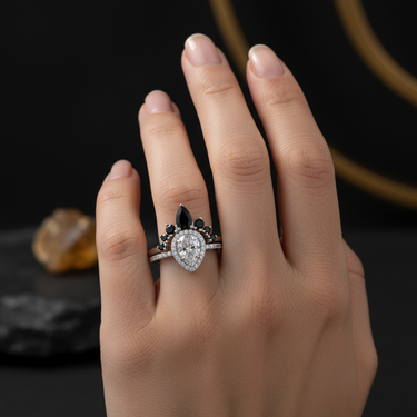 "Solar Veil"– Quartz Engagement Ring with Diamond Halo & Black Onyx Wedding Band Set in Sterling Silver