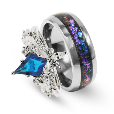 "Aqua Galaxia " – Sapphire Nebula Wedding Ring Set, His and Hers Silver Tungsten and 925 Silver Bands