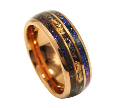 "Monaco" Rose Gold Leaf Blue Opal Meteorite Tungsten Ring Gold 24K Mens Wedding Band