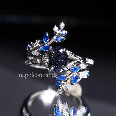 "Celestine Vine" – Galaxy Sandstone Engagement Ring Set with Sapphire & Diamond Leaf Accents in Sterling Silver