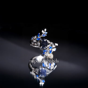 "Celestine Vine" – Galaxy Sandstone Engagement Ring Set with Sapphire & Diamond Leaf Accents in Sterling Silver