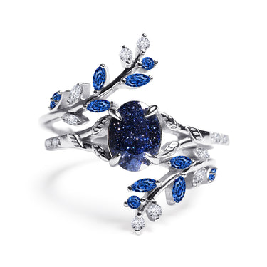 "Celestine Vine" – Galaxy Sandstone Engagement Ring Set with Sapphire & Diamond Leaf Accents in Sterling Silver