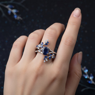 "Celestine Vine" – Galaxy Sandstone Engagement Ring Set with Sapphire & Diamond Leaf Accents in Sterling Silver