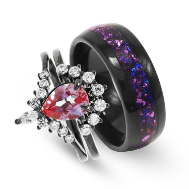 "Periwinkle"  Alexandrite Crab Nebula Ring Set, Outer Space Tungsten and 925 Silver Wedding Bands