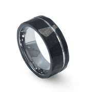 "Trader" White Gold Inlay, Black Tungsten Carbide, Hammered Design-8mm