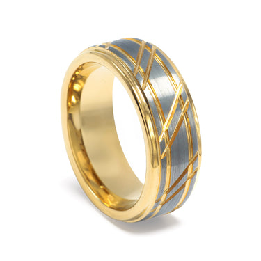 "Golden Hammer" Silver and Gold Tungsten Carbide, Brushed Design-8mm