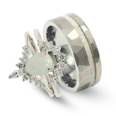 "Lunar Match"  Ring Set – His and Hers White Fire Opal Bands in Hammered Tungsten and Sterling Silver