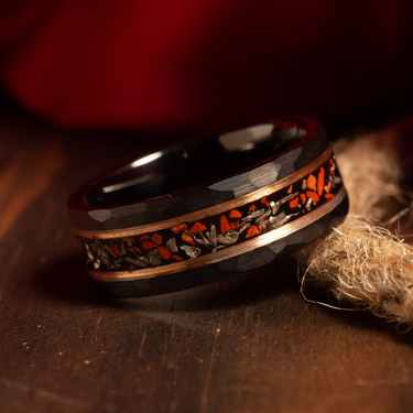 "T-rex" Meteorite, Red Dinosaur Bone, Rose Gold Strip Inlay, Tungsten Carbide, Hammered Design-8mm