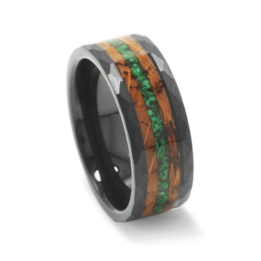 "Verdant Ember" Burnt Whiskey Barrel and Green Malachite Hammered Black Tungsten Carbide Wedding Band for Men