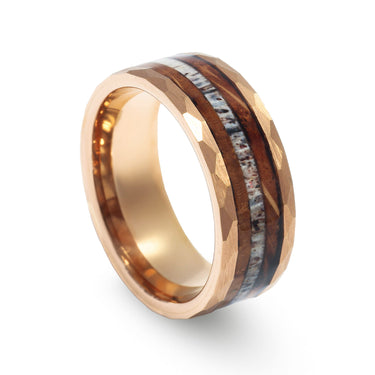"Elk" Deer Antler, Whiskey Barrel Wood, Rose Gold Hammered Tungsten Carbide, Men's Wedding Band-8mm