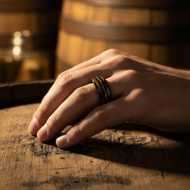 "Iron Stave" – Whiskey Barrel Wood & Meteorite Black Tungsten Wedding Band – 8mm