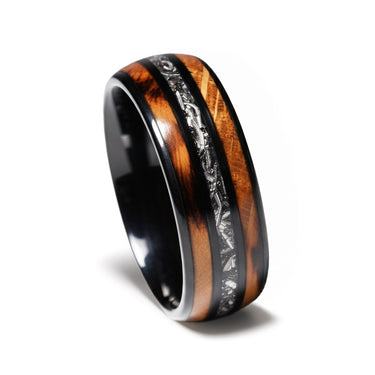 "Iron Stave" – Whiskey Barrel Wood & Meteorite Black Tungsten Wedding Band – 8mm