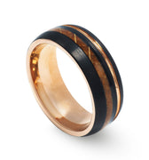 "Lumberjack" Whiskey Barrel Wood, Rose Gold Strip Inlay, Tungsten Carbide, Brushed Design-8mm
