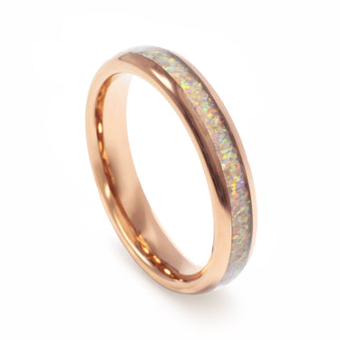 "Opal Glow" Crushed White Opal Inlay, Rose Gold, Tungsten Carbide- 4mm