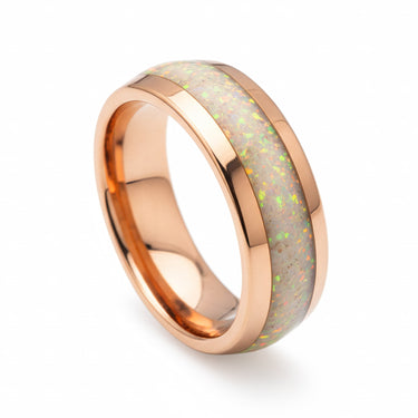 "Sparkling Opal" Crushed White Opal Inlay, Tungsten Carbide, Rose Gold, Dome Polished-8mm