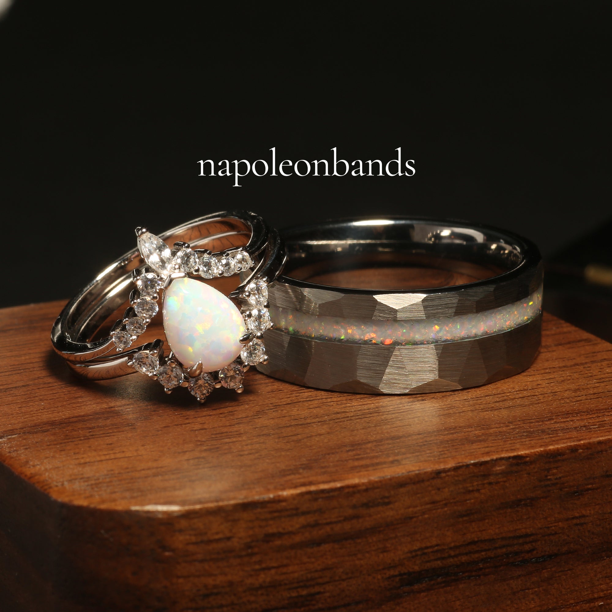 Ring Set – His and Hers White Fire Opal Bands in Hammered Tungsten