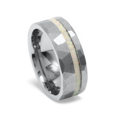 "October" White Opal Inlay Hammered Tungsten Carbide Ring, 8mm