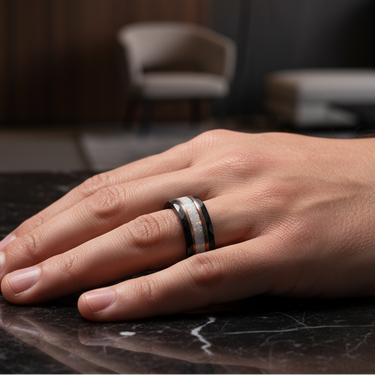 "Aurelian Stone" – White Opal & Rose Gold Strip Black Tungsten Wedding Band, Hammered Finish – 8mm