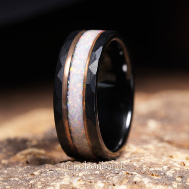 "Aurelian Stone" – White Opal & Rose Gold Strip Black Tungsten Wedding Band, Hammered Finish – 8mm