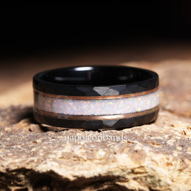 "Aurelian Stone" – White Opal & Rose Gold Strip Black Tungsten Wedding Band, Hammered Finish – 8mm