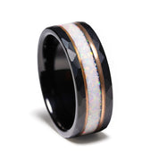 "Aurelian Stone" – White Opal & Rose Gold Strip Black Tungsten Wedding Band, Hammered Finish – 8mm