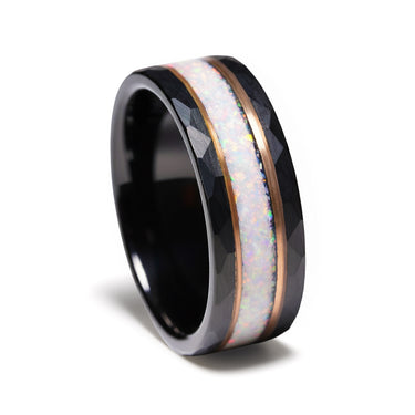 "Aurelian Stone" – White Opal & Rose Gold Strip Black Tungsten Wedding Band, Hammered Finish – 8mm