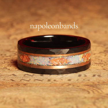 "Arctic Flame" White Opal Inlay, October Birthstone Black Tungsten Wedding Band   for Him