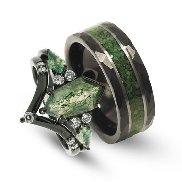 "Evergreen Unity" Ring Set – Moss Agate Nature-Inspired Wedding Bands in Black Tungsten and Sterling Silver