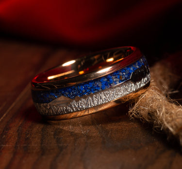 "Pharaoh" Blue Lapis Lazuli Meteorite Silver Arrow Rose Dome Polish Rose Gold Tungsten Carbide Ring