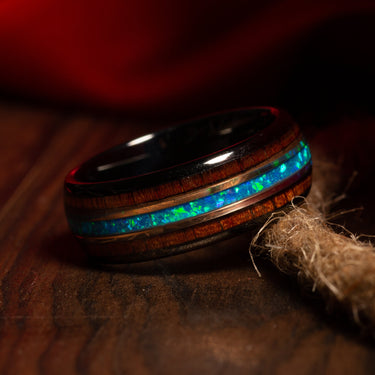 "Kauai" Hawaiian Koa wood Opal Rose Gold Strip Dome Polished Black Tungsten Carbide Ring, 8mm