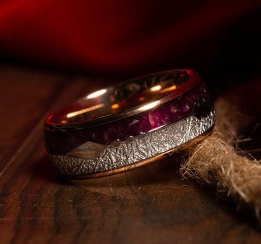 "Cairo" Purple Lapis Lazuli Meteorite Silver Arrow Dome Polished Rose Gold Tungsten Carbide Ring