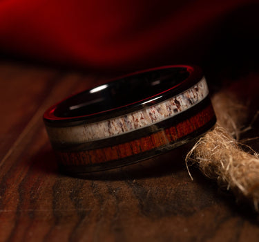 'Brutus' Deer Antler Koa Wood Black Tungsten Carbide Ring