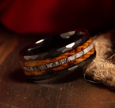 "Adventurer" Deer Antler Whiskey Barrel Black Hammered Tungsten Carbide Ring