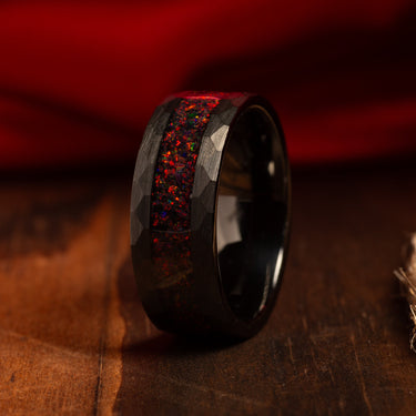 "Lunar Ember" Black Tungsten Ring Set – His and Hers Hammered Wedding Bands with Crushed Fire Opal Inlay