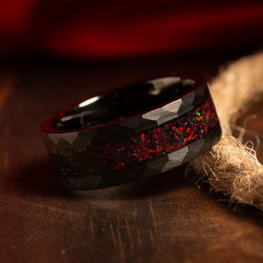 "Dragon Rider" Fire Opal, Hammered Tungsten Carbide,  Men's Wedding Ring, 8mm