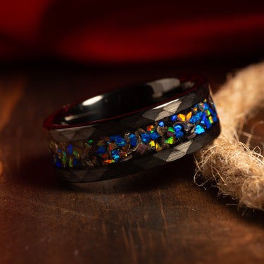"Stargazer" Crushed Opal Inlay, Tungsten Carbide, Hammered Design-8mm